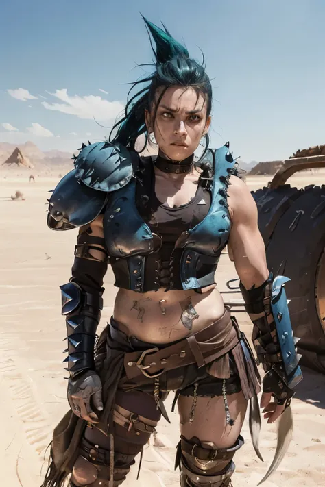 very ugly female barbarian wearing post-apocalyptic armor, cleavage, shoulder pads, she has a square jaw and is very unattractiv...