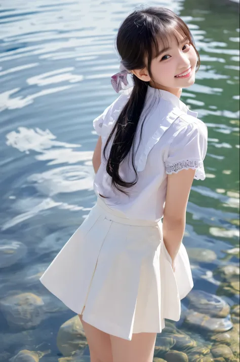 (masterpiece, highest quality:1.2), Cowboy Shot, alone, One Girl, Hayashio, smile, View your audience, Place your arms behind your back, Water Play, White shirt, Neck ribbon, Short sleeve, Black vest, Black Skirt, White gloves