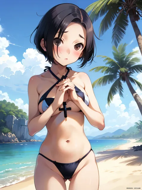 nsfw,aarinko、short hair、black hair、bobcut、(cross halter bikini:1.5),embarrassed,blush,(perfect hands),(perfect anatomy),(masterp...