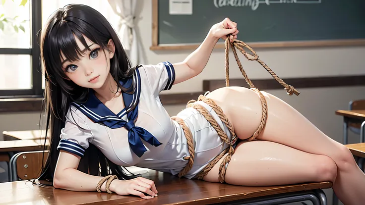 masterpiece,high detail,best quality,super detail, blush, happiness, lying, Anime, ((cute,woman,sailor uniform)), (from front,looking at viewer), (tied up with rope:1.3), (slender:1.4), (long hair:1.5), black hair, school, classroom