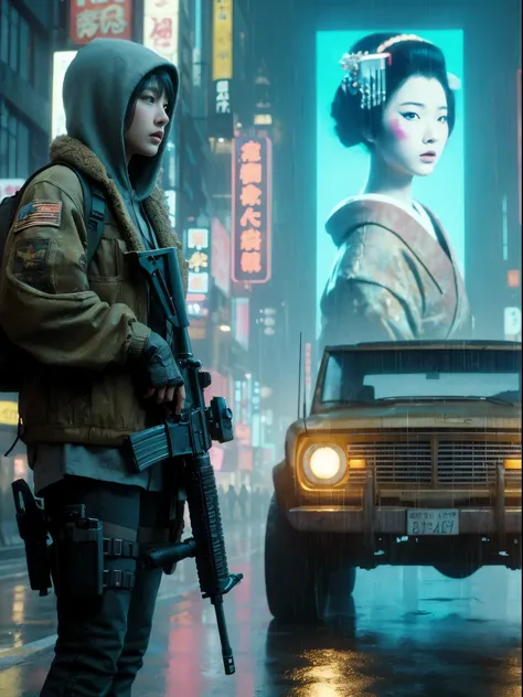 ８ｋ,Realistic Skin Texture、Realistic Photo、Neo Tokyo、Japanese women、Near future、ＡＤ2050、Dirty hunting jacket、Wearing multiple shirts and hoodies、Used automatic rifle、sneakers、Knit cap、、cold、Dynamic pose、Innovative composition、revenge、Near futureの街に不釣り合いな古びた1...