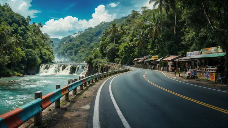 

a road with a half-circular bend in a tropical forest area, on the right edge of the road there are several small shops and food stalls. On the left edge of the road there is a river and waterfall with clear and sparkling water and colorful road guardrai...