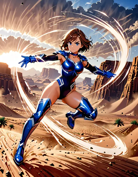 1girl, superhero, blue choker, blue eyes, blue footwear, blue gloves, boots, (leotard, midriff, long sleeves), medium breasts, brown hair, knee boots, short hair, bob hair, solo, determined, full body, college-age female. raised arms. desert backdrop, sand...