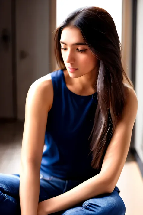 Angel,  as a sexy TikTok influencer, (sitting on the floor), (extremely detailed CG unity 8k wallpaper), photo of the most beautiful artwork in the world, professional majestic (photography by Steve McCurry), 8k uhd, dslr, soft lighting, high quality, film...