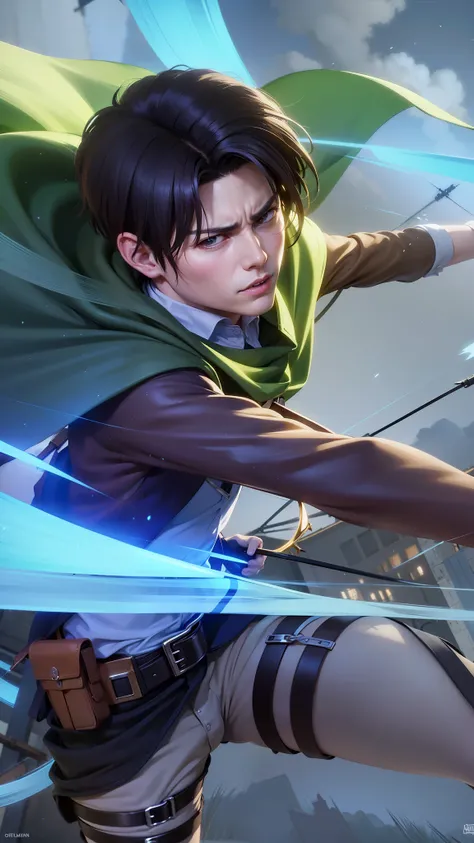 anime character with a bow and arrow in his hand, levi ackerman, (attack on titans anime), 4 k manga wallpaper, shingeki no kyojin, portrait of eren yeager, from attack on titan, attack on titan anime style, in attack on titan, snk, eren yeager, badass ani...