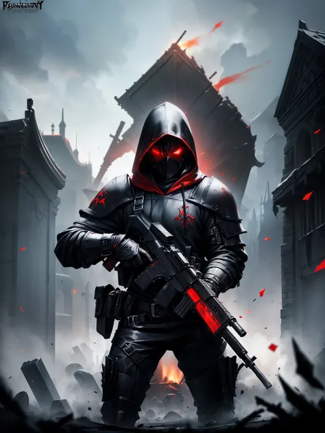 score_9, score_8_up, score_7_up, score_6_up, score_5_up, score_4_up, (action shot of a fantasy game character wielding a black and red assault rifle, wearing black armor and hood, graveyard in background:1.2) vibrant, concept art, digital art, realistic, 