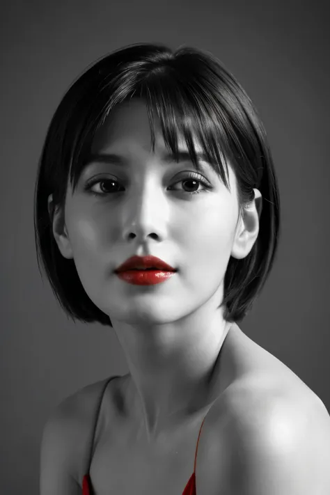 highest quality, Realistic, Very detailed, High resolution, 8k wallpaper, RAW Photos, Professional photography, Photorealistic, (((Black and white photography))), 1 girl, (look forward to), Upper Body, short hair, Shapely small breasts, Perfect Face, (((On...