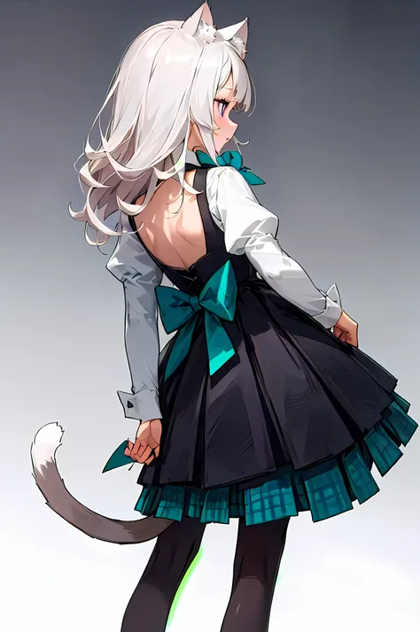 long hair, long sleeves, black dress, black vest, white collared shirt, teal bow, waist back bow, cat ears, cat tail, purple eye...