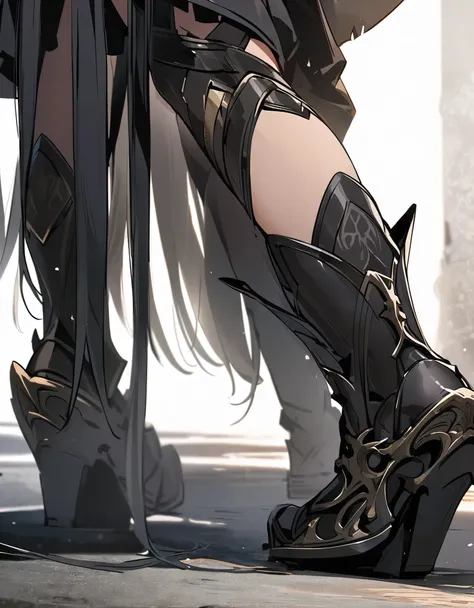 A beautiful female warrior with long black hair and wearing full black armor. From head to foot.