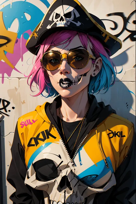 8K resolution、((highest quality))、((masterpiece))、((Super detailed))、1 female、alone、The strongest beautiful girl of all time、((incredibly absurd))、(((Stylish sunglasses))), pirate hat, lips in love、neon、short cut hair、 (((skull graffiti art))), colorful ha...