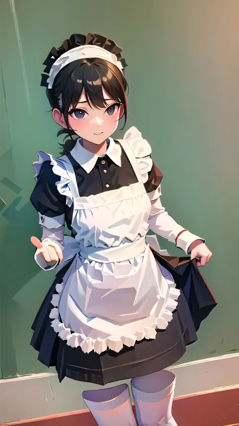 (masterpiece, best quality:1.2), 1girl, solo, maid, maid uniform, victory gesture, holding skirt