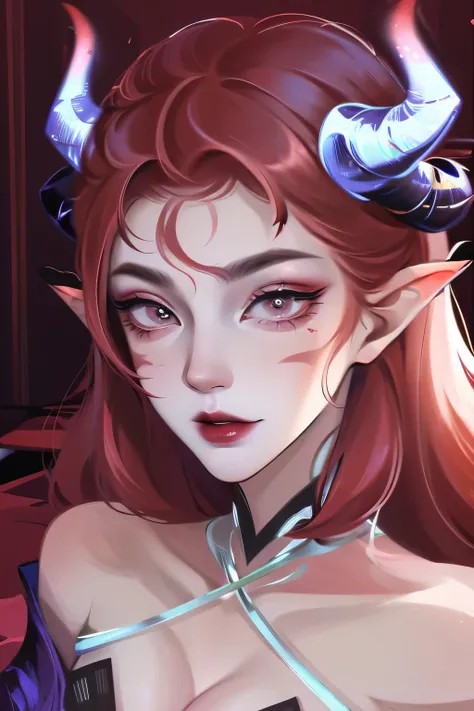 Very detailed, Seductive woman with horns and scratched face, (plump, Red hair), Face-centered, Face Focus, complicated eyes,