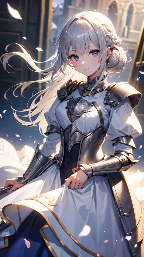 Medieval English town, 1People Girls, Princess Knight, Silver armor, Silver robe, Food, Asahi, Rose petals flutter, blonde hair, hair behind ear, Art Deco, depth of field, drop shadow, f/1.2, 35mm, UHD, best quality, highres, 4K, high details,(Smiling at t...