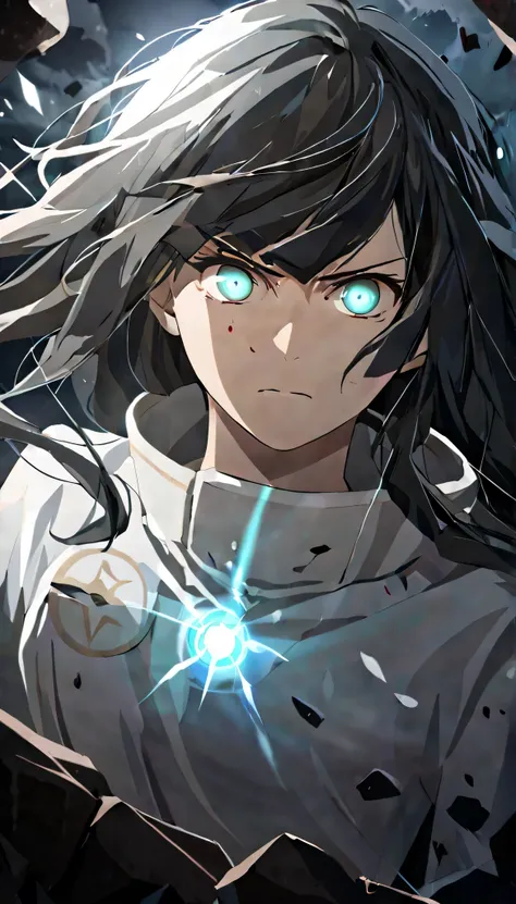 masterpiece,best quality, solo, eda, bangs, black hair, white clothes, white flowers,cloud, she is wounded, she is badly hurt , she is sad, lots of blood, there is a glowing blue light orb near her, she was confused, her eyes is glowing blue, she is confus...