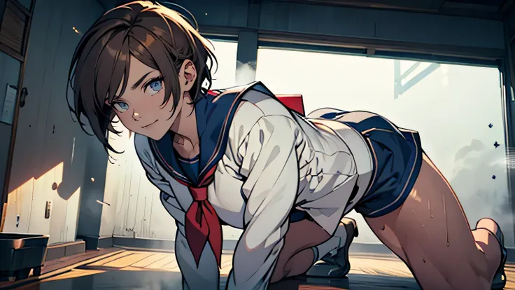 (High definition CG Unity 8k wallpaper). (masterpiece). (Highest quality). (Ultra definition). (Best illustration). (Best Shadow). (Absurd). 15 year old femboy. Its embarrassing. Sweat. steam. stare. Bob cut hairstyle. brown hair. Sailor suit. Navy shorts....