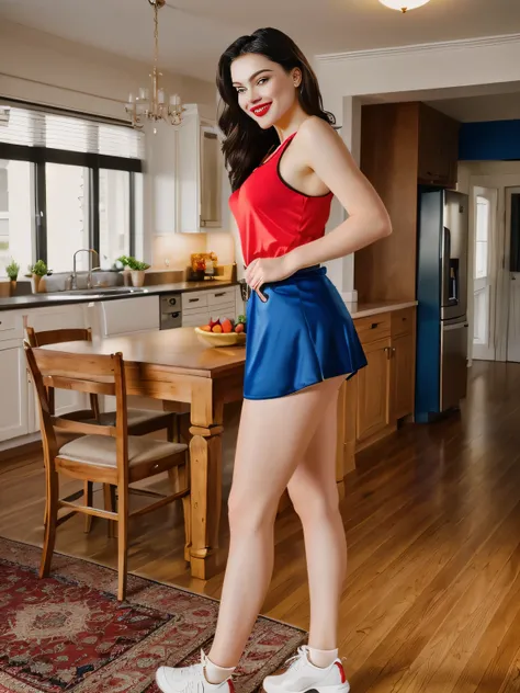 there is a woman standing in a room with a table and chairs, side pose, red tank top and dark blue shorts, in shorts, side photo, tight photo, wearing gym equipment, side portrait, clothing photo, wearing tank top and skirt, with shiny skirt, tank top and ...