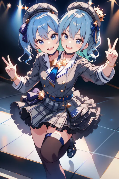 (masterpiece, best quality), best resolution, 16k, (2heads:1.5), close-up, 1girl, solo, HoshimachiSuisei, side ponytail, blue hair ribbon, SuiseiBase, plaid beret, crown, blue star choker, star earrings, blue ascot, plaid jacket, plaid skirt, layered skirt...