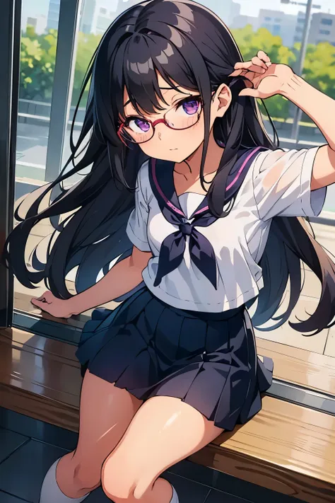 elementary school girl　8-year-old　flat chest　black hair　long hair　purple eyes　1 person　glasses　short-sleeved sailor suit　navy bl...