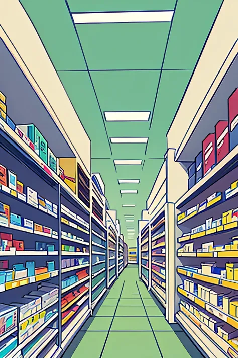 aisle of a pharmacy, no people, comic style