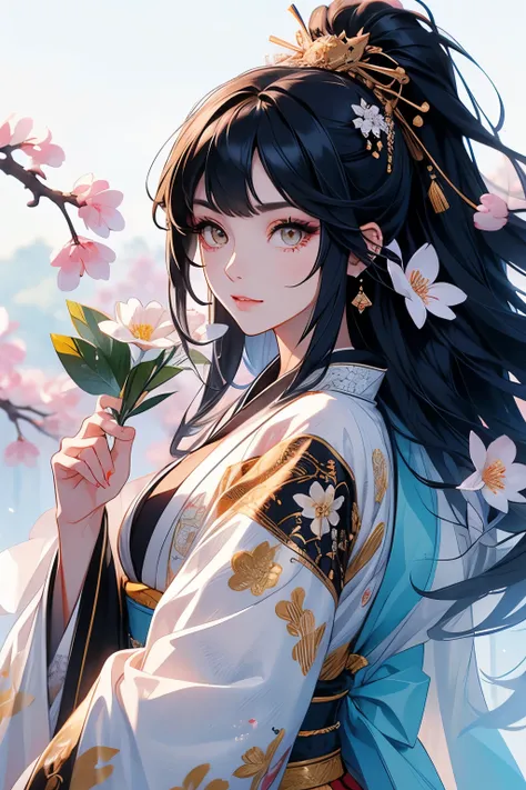 vivid Copic marker anime illustration,maintains a 3:1 head-to-body ratio,1 girl, long black hair styled up with multiple hair decorations, (delicate and elegant facial features:1.3), wearing a traditional black kimono with subtle golden accents, holding a ...