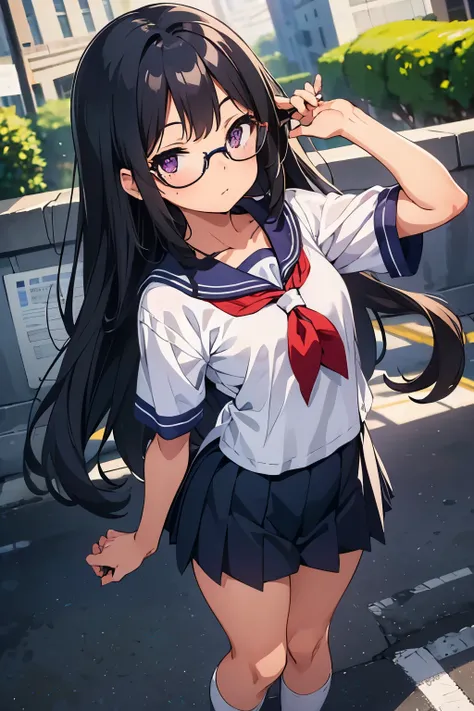 elementary school girl　8-year-old　flat chest　black hair　long hair　purple eyes　1 person　glasses　short-sleeved sailor suit　navy bl...