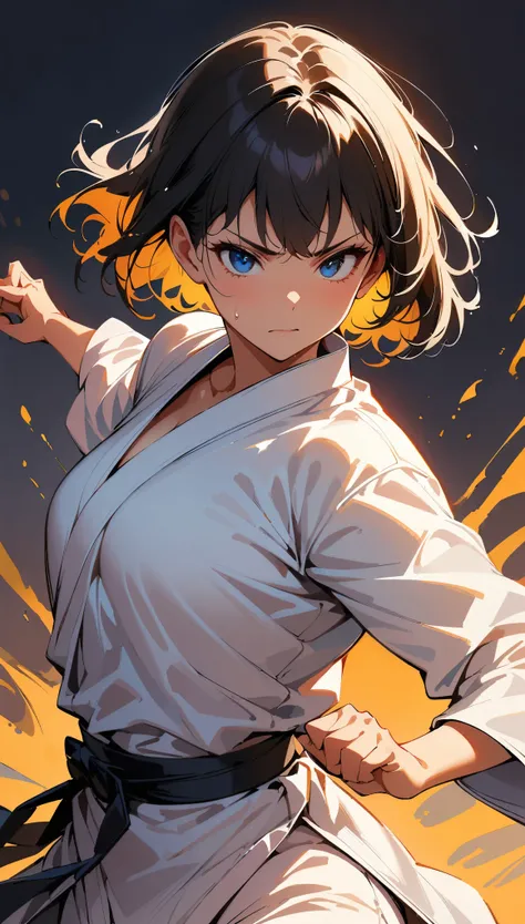 (highest quality:1.2, Very detailed, up to date, Vibrant, Ultra-high resolution, High Contrast, masterpiece:1.2, highest quality, Best aesthetics), (((1 girl))), Beautiful woman, Judo, martial arts, dougi, Black belt, sexy, Sweat, Female Fighter, White uni...