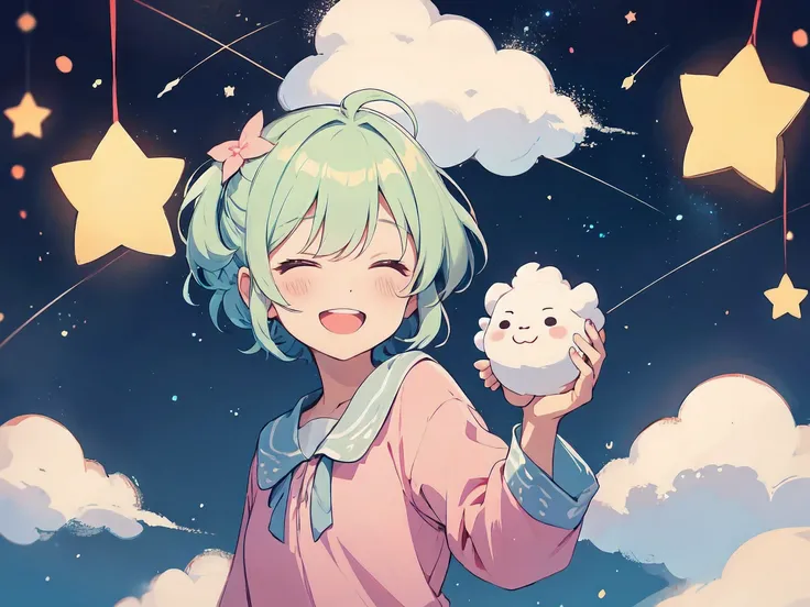 a cute very enchented happy cloud. pastel color . stars . bokeh