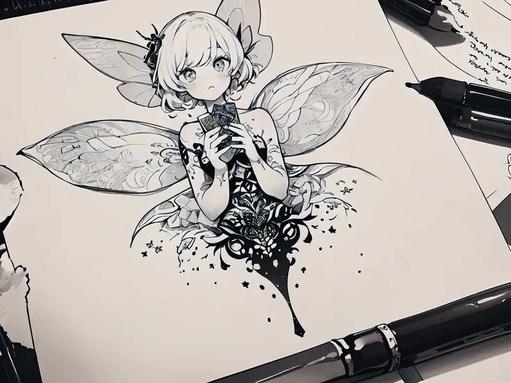 a surreal(((beautifully drawn love letter))), created by a tiny, cutely drawn surreal little fairy, featuring intricate ((( ink ...