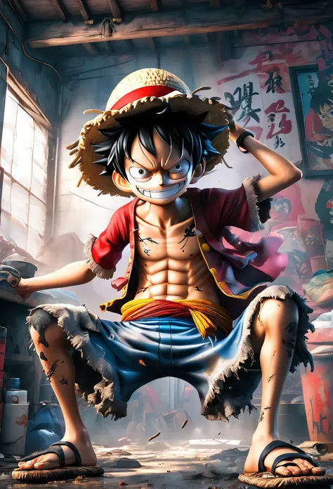A dirty and messy environment, 3D anime Luffy, tattoos, ragged clothes, exaggerated poses, slippers, (best quality, 4k, highres, photorealistic:1.2), ultra-detailed, HDR, concept art, vibrant colors, dramatic lighting