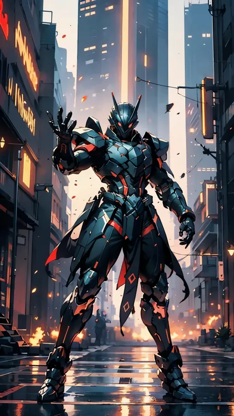 A man wearing a full-face helmet, a fantasy-style biotech armored combat suit, green eyes, (a composite layered chest armor), fully enclosed shoulder guards, matching arm and leg guards, the belt is adorned with fangs biting into orbs, (the color scheme is...