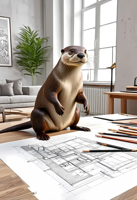 a picture, of an anthomorph otter sitting near drawing table planning a building, modern architect drawing room background, best quality, 16k, [ultra detailed], masterpiece, best quality, (ultra detailed), full body, ultra wide shot, photorealism