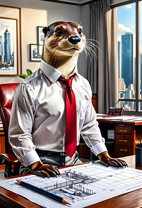 a picture, of an anthomorph otter sitting near drawing table planning a building, modern architect drawing room background,  he is wearing a white button shirt, red tie, best quality, 16k, [ultra detailed], masterpiece, best quality, (ultra detailed), full...