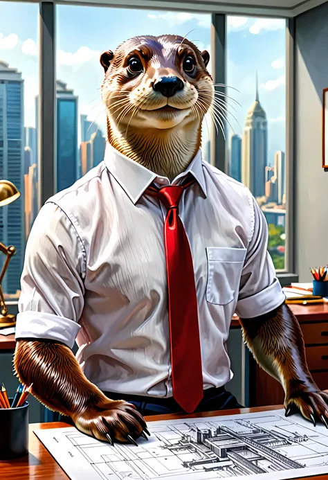 a picture, of an anthomorph otter sitting near drawing table planning a building, modern architect drawing room background,  he is wearing a white button shirt, red tie, best quality, 16k, [ultra detailed], masterpiece, best quality, (ultra detailed), full...