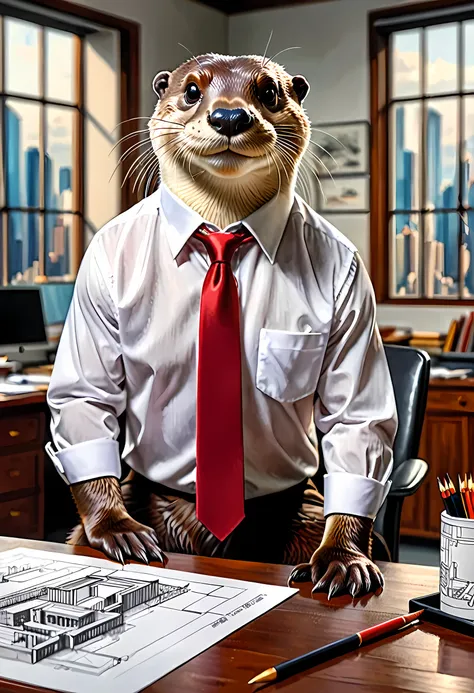 a picture, of an anthomorph otter sitting near drawing table planning a building, modern architect drawing room background,  he is wearing a white button shirt, red tie, best quality, 16k, [ultra detailed], masterpiece, best quality, (ultra detailed), full...