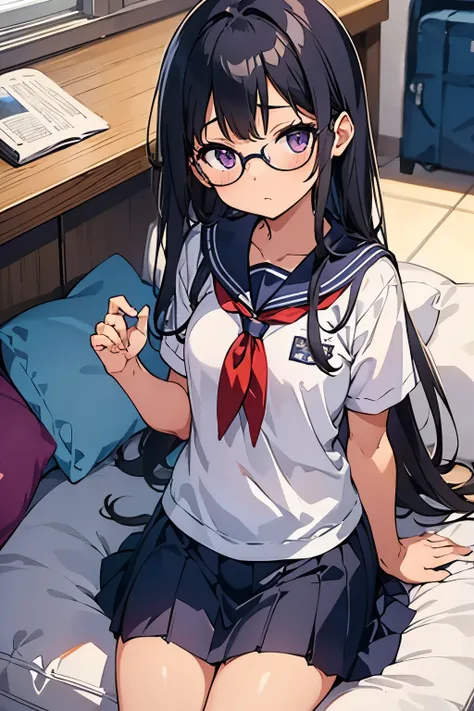 Elementary school girl　8-year-old　Flat Chest　Black Hair　Long Hair　Purple eyes　1 person　Glasses　Short-sleeved sailor suit　Navy blue mini skirt　White panties　White socks　sneakers　School Library　Sitting on the sofa　Dynamic Angle　Low Angle