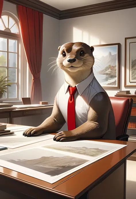 a picture, of an anthomorph otter sitting near drawing table planning a building, modern architect drawing room background,  he is wearing a white button shirt, red tie, best quality, 16k, [ultra detailed], masterpiece, best quality, (ultra detailed), full...