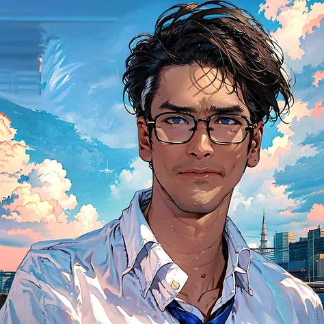 a man wearing glasses in tidy white shirt with blue necktie looking at the sky alone on rooftop of highrise, sunset sky, full of...