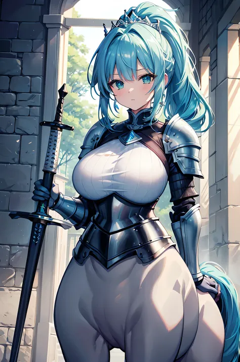 4k,High resolution,One Woman,Centaur,Bright blue hair,Long Ponytail,Green Eyes,Big Breasts,Princess Knight,knight armor,Heavy Armor,Full Armor,Princess Tiara,Jewelry decoration,Long sword,Plains