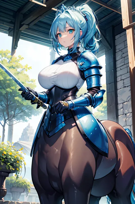 4k,High resolution,One Woman,Centaur,Bright blue hair,Long Ponytail,Green Eyes,Big Breasts,Princess Knight,knight armor,Heavy Armor,Full Armor,Princess Tiara,Jewelry decoration,Long sword,Plains