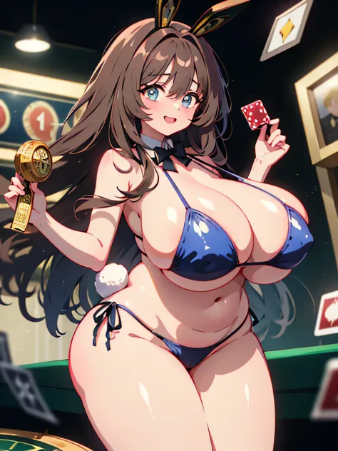 Anime illustration、highest quality、cyber punk、Fantasy、Alice in Wonderland、Luxury Casino、A plump bunny girl with brown skin、bikini、Giant roulette wheel、Bunny ears、Perfect proportions、Big Breasts、Thick legs、Beautiful, shining eyes、smile