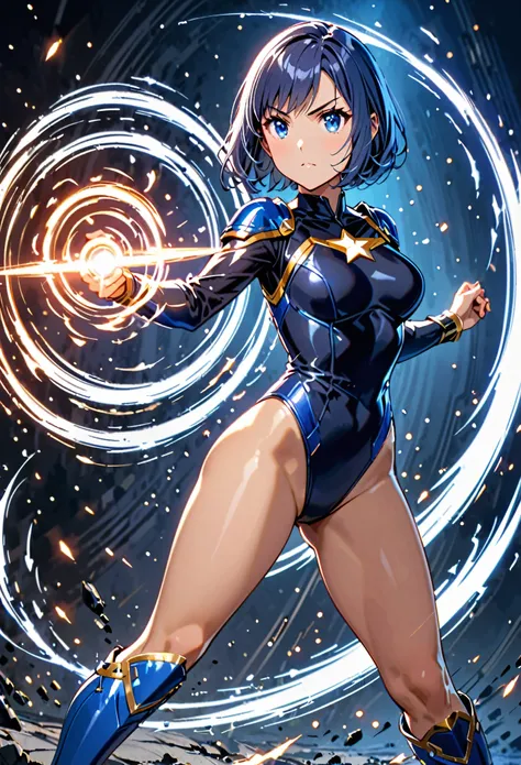 masterpiece, best quality, 1girl, superhero, ((leotard, dark blue leotard)), long sleeves, bare legs, boots, dark blue boots, matching boots, medium breasts, diffraction spikes, light particles, standing, standing straight, dark blue hair, ((short hair, bo...