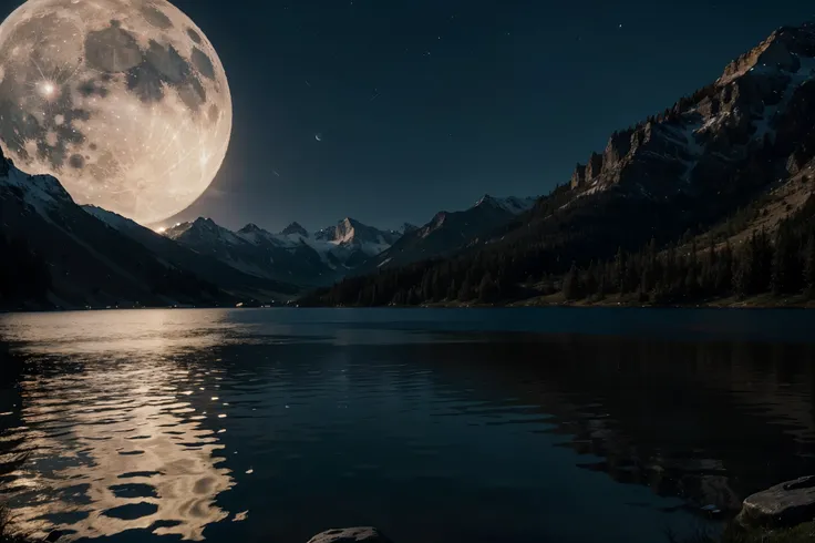 Moon night background with beautiful lake wallpaper, highly detailed, realistic 8k full HD.