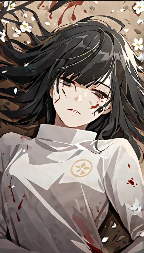 masterpiece,best quality, solo, eda, bangs, black hair, white clothes, white flowers,cloud, she is wounded, she is badly hurt, she is on the ground , she is sad, she is lying on the ground, she died, she is dead, top view, lots of blood, badly wounded
