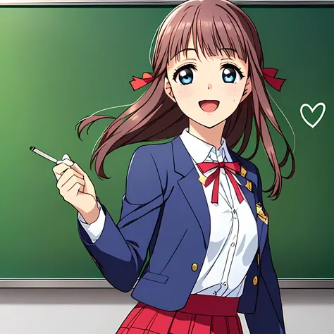 highest quality, (masterpiece:1.2), Very detailed, Game CG, (((Very beautiful girl in school uniform１A fashion model is drawing a heart symbol on a blackboard while looking at the board))), ((The girl everyone loves)), (((Brown and very shiny short bob hai...