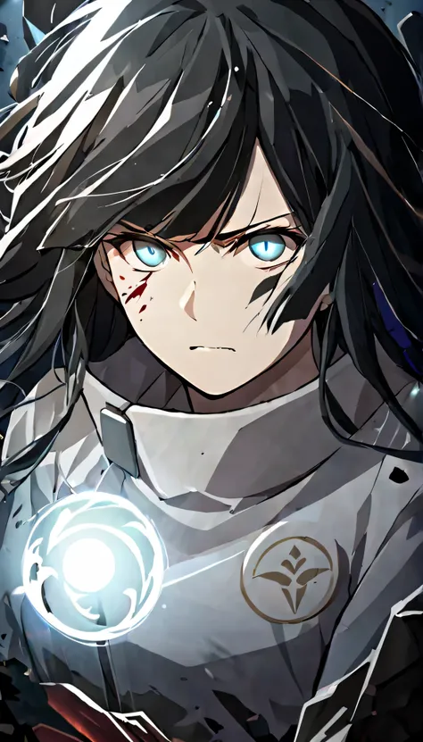 masterpiece,best quality, solo, eda, bangs, black hair, white clothes, white flowers,cloud, she is wounded, she is badly hurt, she is on the ground , she is sad, she is lying on the ground, top view, lots of blood, there is a glowing blue light orb near he...