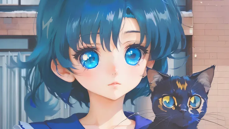 Blue haired anime girl holding a black cat in front of a building, Fubuki, Sailor Moon, Cat ears anime girl, Anime cat girl, cute Anime cat girl, Anime screenshots, With big, bright, sad eyes, Close-up of a young anime girl, Anime screenshotss, Sailor Moon...