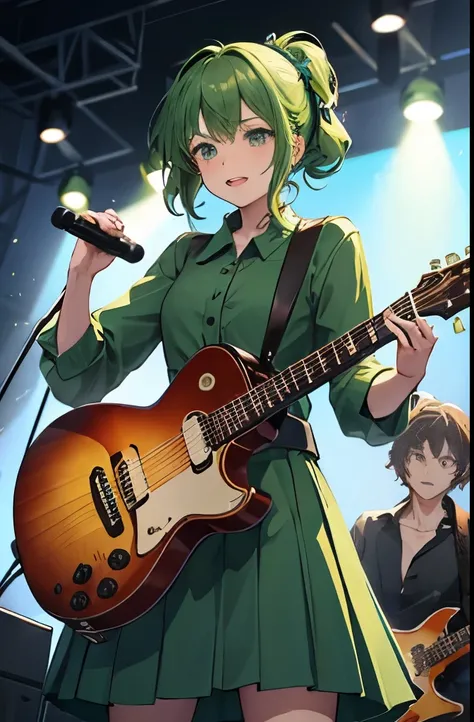 A band group wearing green clothes and holding a guitar, the main character is the guitar and vocals, a concert on stage, the winner of the lady band contest,