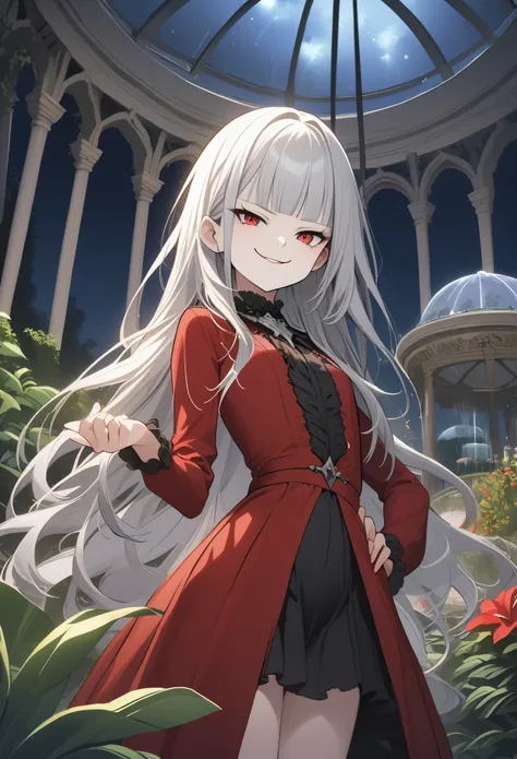 ((12 years old)), (1girl), cute young girl, (smug face:1.3), (Beautiful crimson eyes), ((The noble vampire girl)), (small breast), slender waist, (loose blunt bangs), Shiny unruly hair, long hair, ((beautiful pale silver hair)), ((night)), place hand on hi...