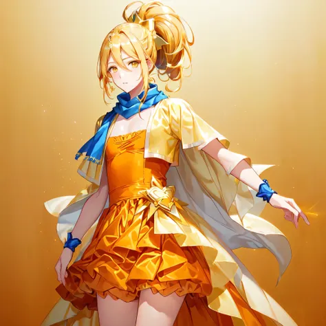 image of a male character with long blonde hair and an orange dress、solo、golden aura、permed ponytail、high ponytail、yellow eyed b...