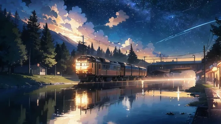 High quality masterpiece, landscape, Animated train passing through water on the tracks,Cat Watches, Bright starry sky. break Romantic train, Pixiv, Concept Art, Lofi Art style, reflection. by makoto shinkai, Lofi Art, Beautiful anime scene, break Anime la...